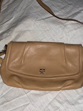 MCM Tan Leather Foldover Crossbody Bag
